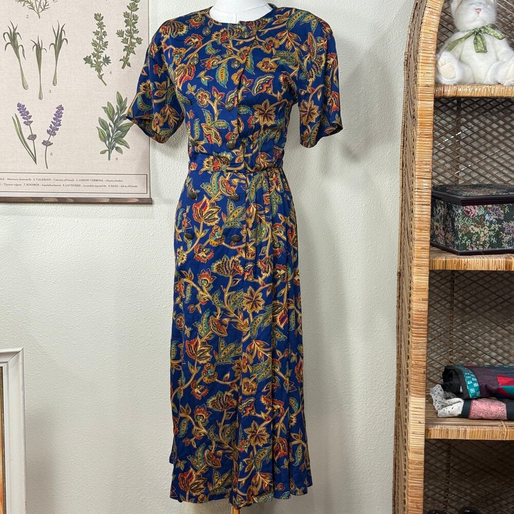 Vintage 80s 90s Blue Floral Midi Dress Whimsigoth Witchy Retro Heritage XS S 6P